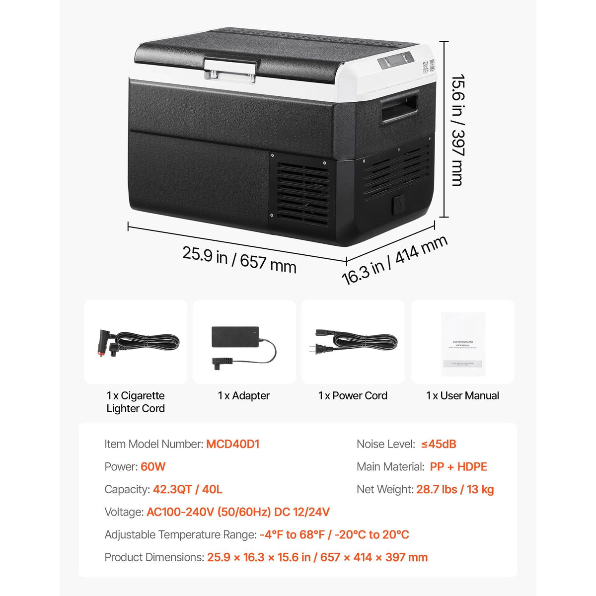 12 Volt Car Refrigerator, 42.3QT/40L Car Fridge, Portable Electric Cooler with -4-68 F Adjustable Temperature, 12/24V DC and 100- 240V AC Compressor Freezer for Outdoor, Camping, Travel, RV