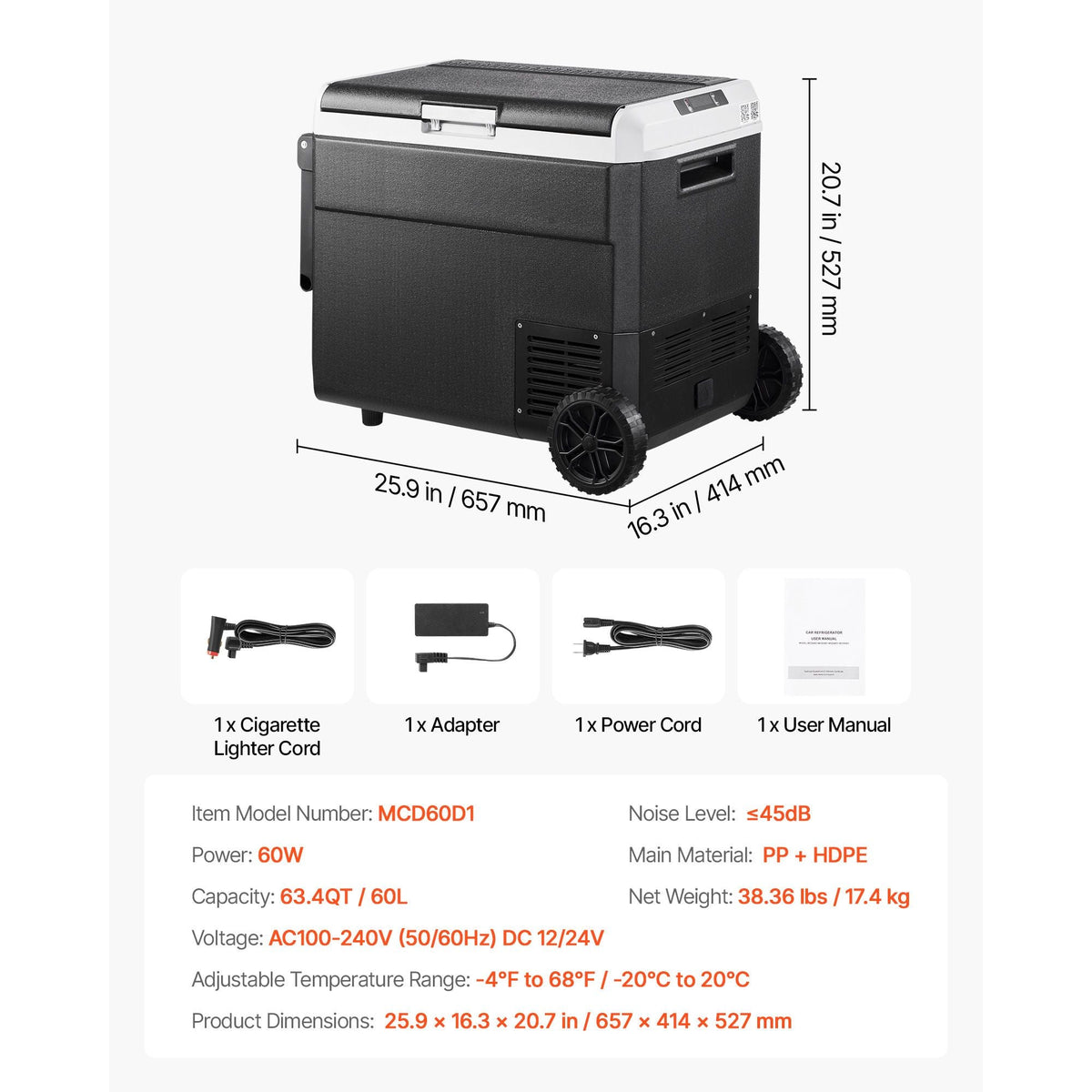 12 Volt Car Refrigerator, 63.4QT/60L Car Fridge, Portable Electric Cooler with Wheels and Handle, -4-68 Fahrenheit, 12/24V DC and 100- 240V AC Compressor Freezer for Outdoor, Camping