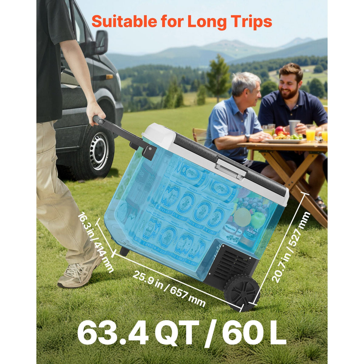 12 Volt Car Refrigerator, 63.4QT/60L Car Fridge, Portable Electric Cooler with Wheels and Handle, -4-68 Fahrenheit, 12/24V DC and 100- 240V AC Compressor Freezer for Outdoor, Camping