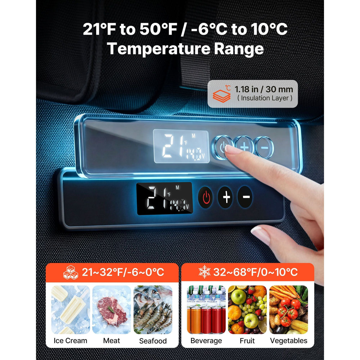 12 Volt Refrigerator, 13.7 QT/ 13L Car Fridge, Portable Electric Freezer Compressor, 12V/24V DC, 21 F to 50 F/ -6C to 10C , for Truck Van RV SUV Boat Travel Camping Road Trips