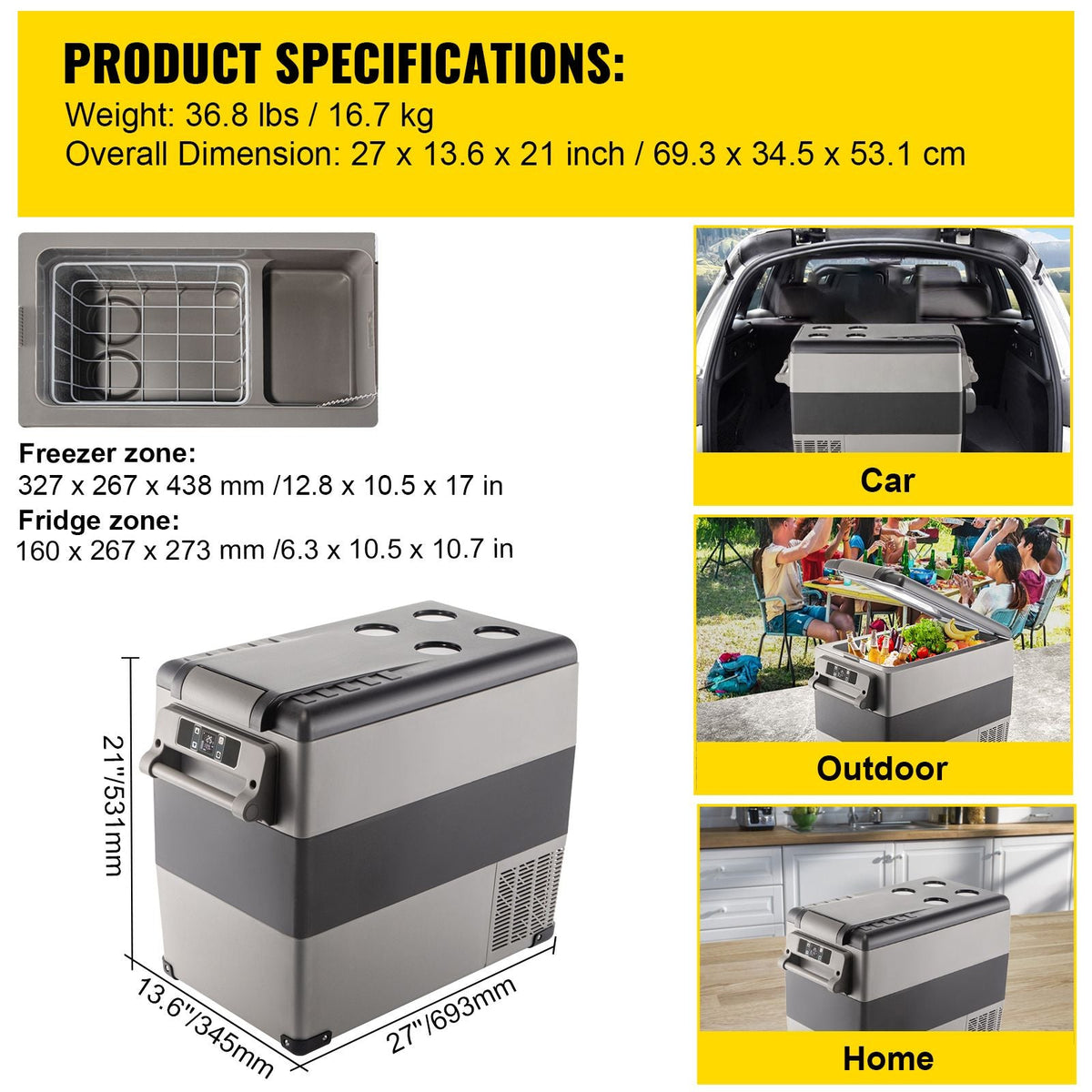 12 Volt Refrigerator, 58 Qt Car Refrigerator, Dual Zone Portable Freezer, Cooler Compressor Freezer with 12/24V DC and 110-240V AC, Freezer Fridge Cooler, for Car, Truck RV, Camping and Home Use