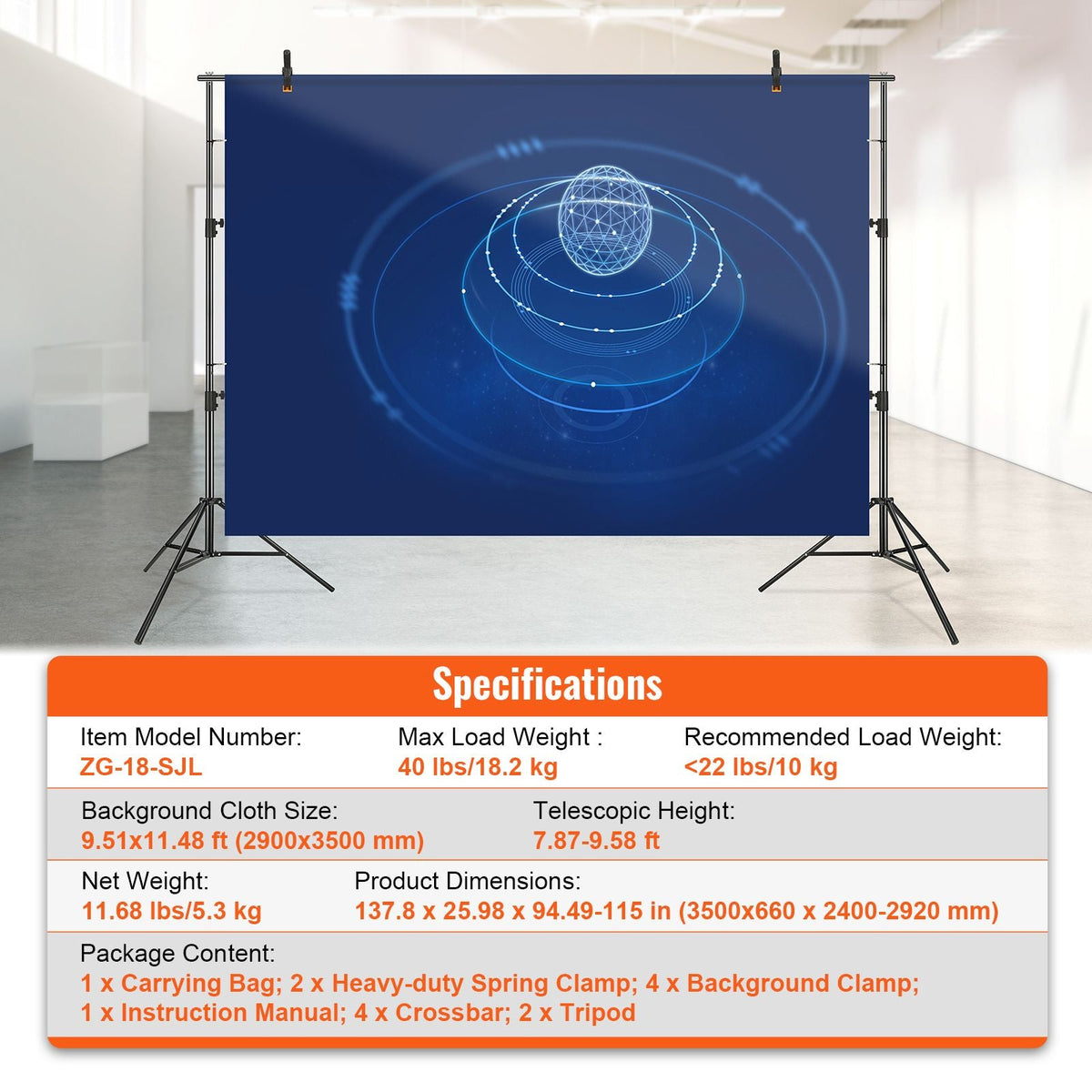 12 x 10 ft Heavy Duty Backdrop Stand, Height Adjustable Photography Backdrop Stand, Background Support System with 6 Clamps and A Carry Bag, for Party, Wedding, Display, Photo