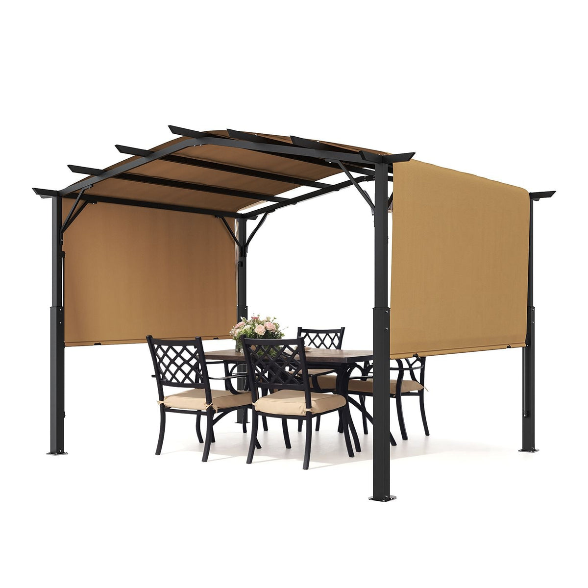 12 x 10 ft Outdoor Pergola, Arched Top Metal Pergola, Retractable Pergola with Sun Shade Canopy, Large Patio Shelter Pavilion, Heavy Duty Garden Pergola for Deck Backyard Porch Poolside