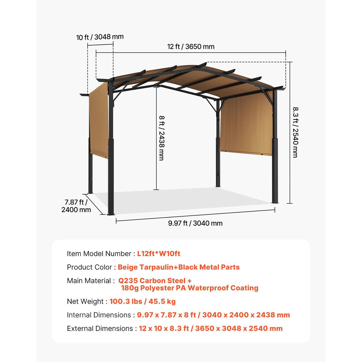 12 x 10 ft Outdoor Pergola, Arched Top Metal Pergola, Retractable Pergola with Sun Shade Canopy, Large Patio Shelter Pavilion, Heavy Duty Garden Pergola for Deck Backyard Porch Poolside