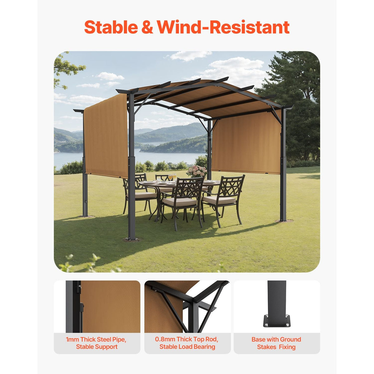 12 x 10 ft Outdoor Pergola, Arched Top Metal Pergola, Retractable Pergola with Sun Shade Canopy, Large Patio Shelter Pavilion, Heavy Duty Garden Pergola for Deck Backyard Porch Poolside