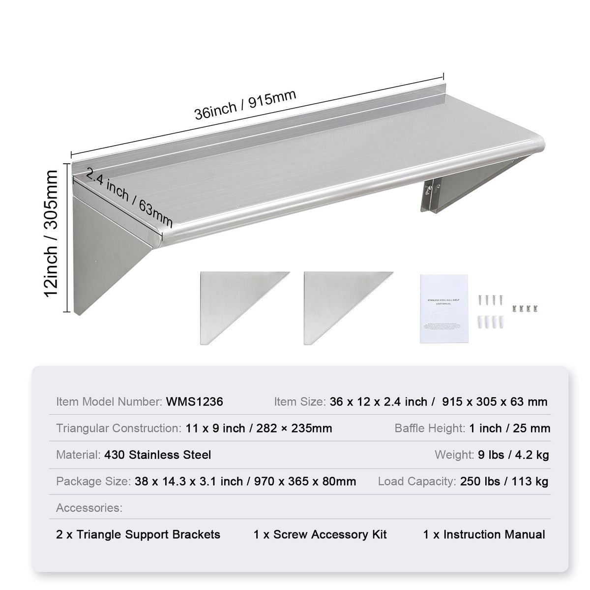 12" x 36" Stainless Steel Shelf, Wall Mounted Floating Shelving with Brackets, 250 lbs Load Capacity Commercial Shelves, Heavy Duty Storage Rack for Restaurant, Kitchen, Bar, Home, and Hotel