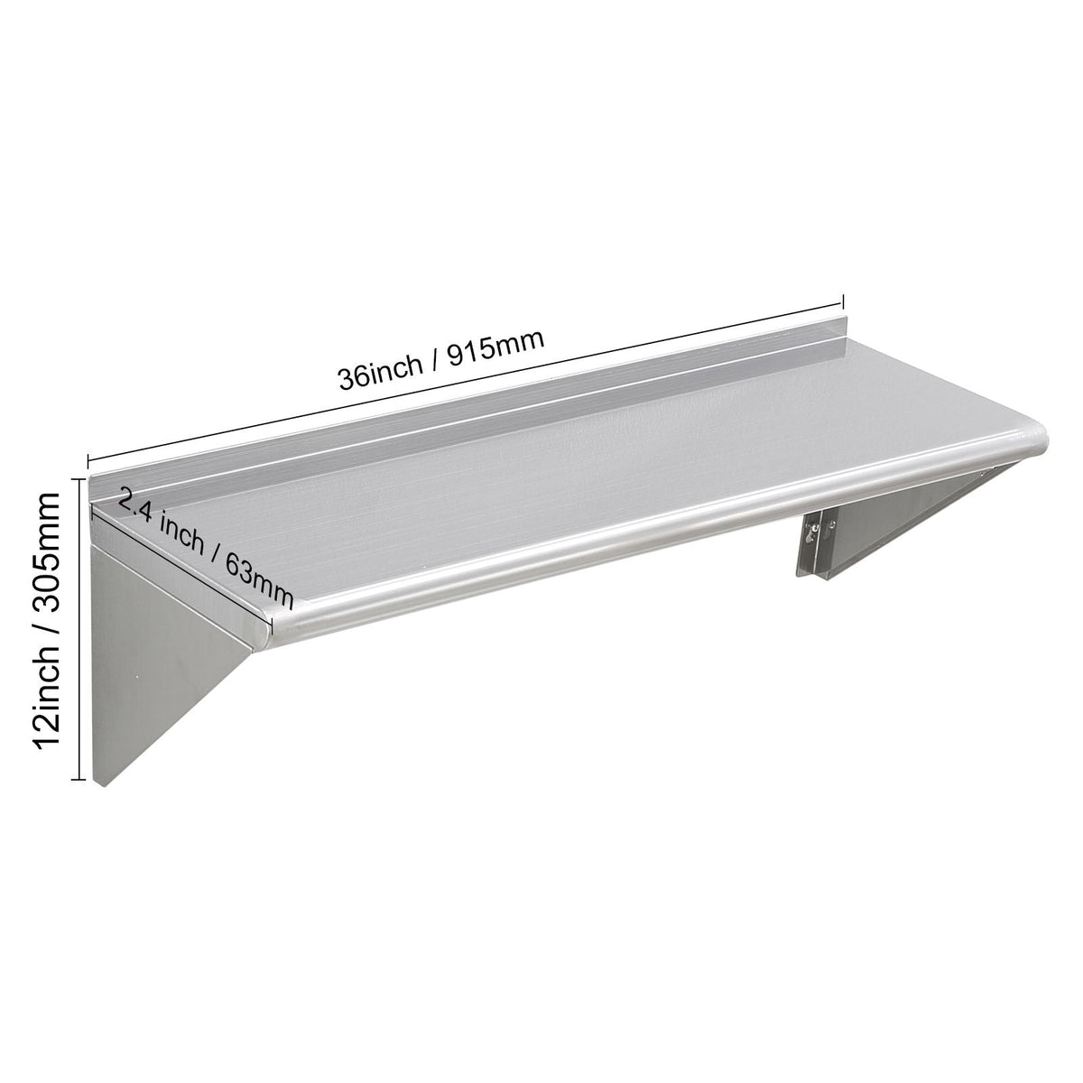 12" x 36" Stainless Steel Shelf, Wall Mounted Floating Shelving with Brackets, 250 lbs Load Capacity Commercial Shelves, Heavy Duty Storage Rack for Restaurant, Kitchen, Bar, Home, and Hotel
