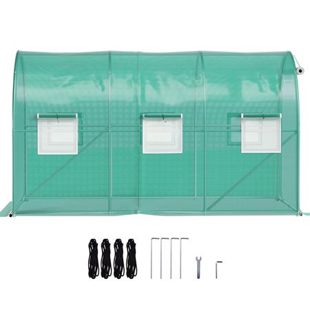 12 x 7 x 7 ft Walk-in Tunnel Greenhouse, Portable Plant Hot House with Galvanized Steel Hoops, 1 Top Beams, 2 Diagonal Poles, 1 Zippered Door & 6 Roll-up Windows, Green