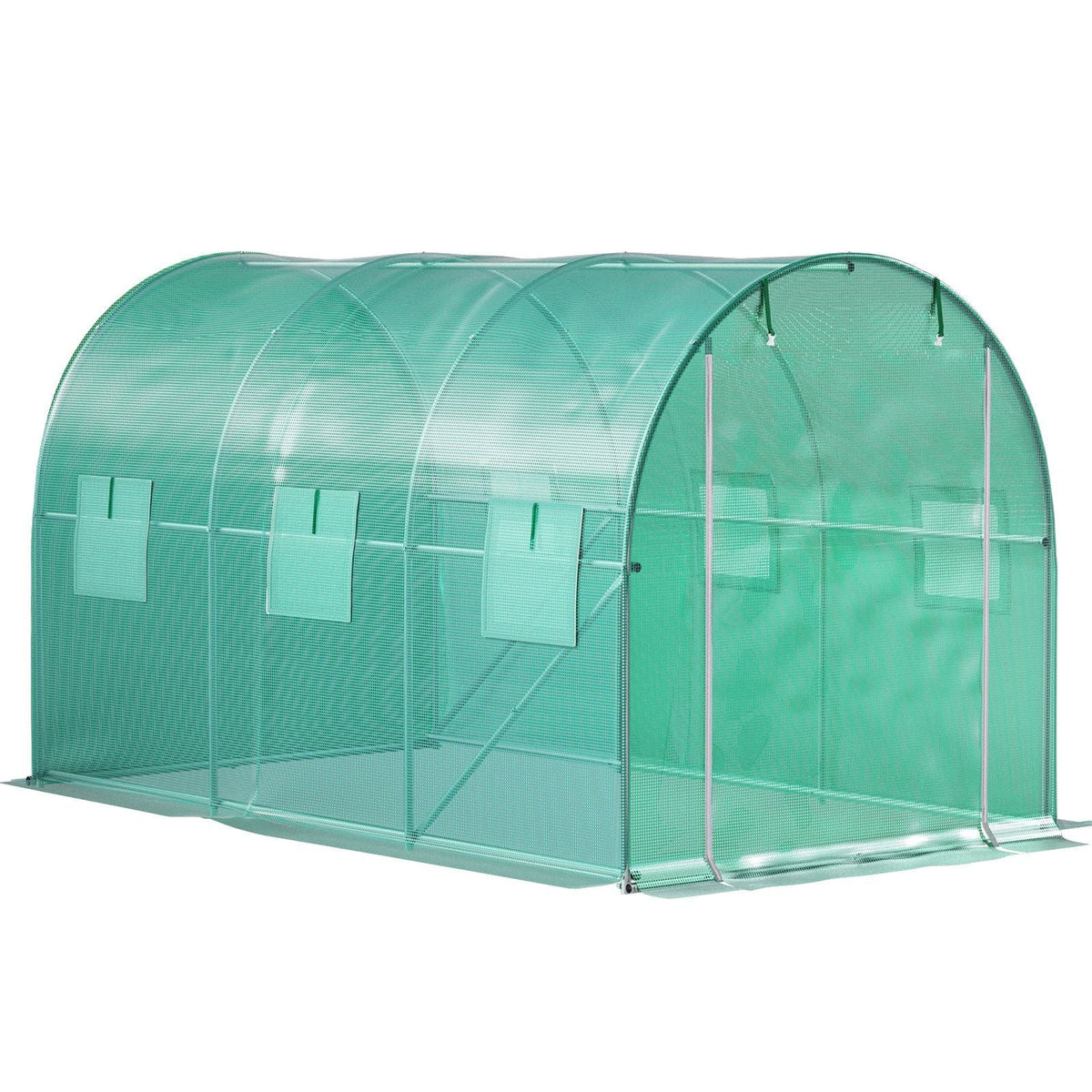 12 x 7 x 7 ft Walk-in Tunnel Greenhouse, Portable Plant Hot House with Galvanized Steel Hoops, 1 Top Beams, 2 Diagonal Poles, 1 Zippered Door & 6 Roll-up Windows, Green