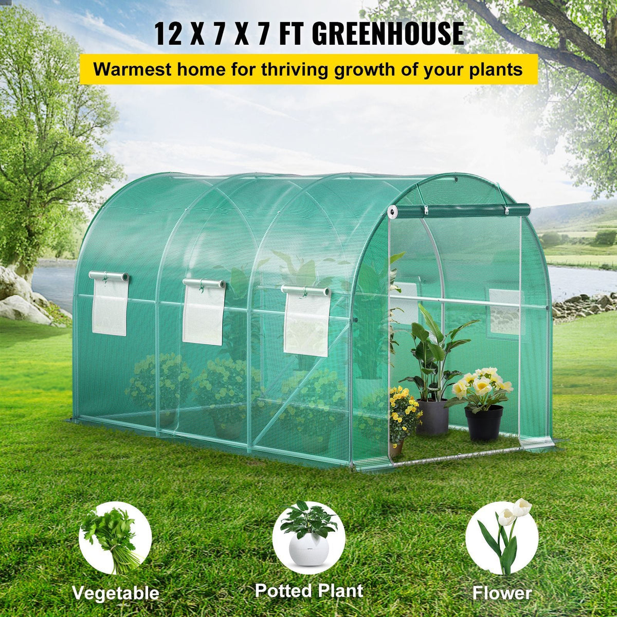 12 x 7 x 7 ft Walk-in Tunnel Greenhouse, Portable Plant Hot House with Galvanized Steel Hoops, 1 Top Beams, 2 Diagonal Poles, 1 Zippered Door & 6 Roll-up Windows, Green