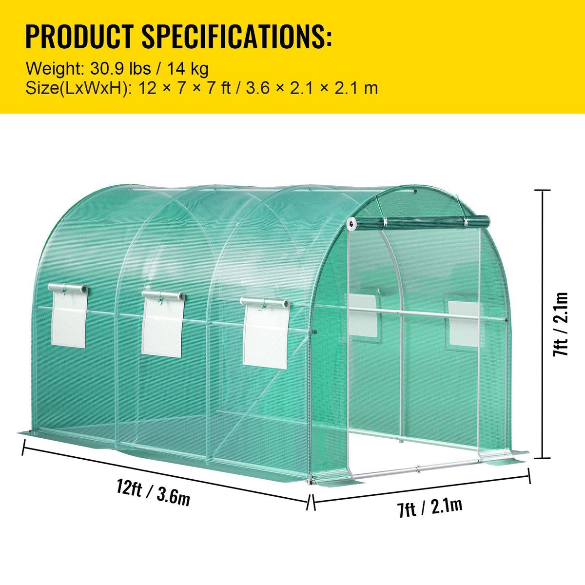 12 x 7 x 7 ft Walk-in Tunnel Greenhouse, Portable Plant Hot House with Galvanized Steel Hoops, 1 Top Beams, 2 Diagonal Poles, 1 Zippered Door & 6 Roll-up Windows, Green