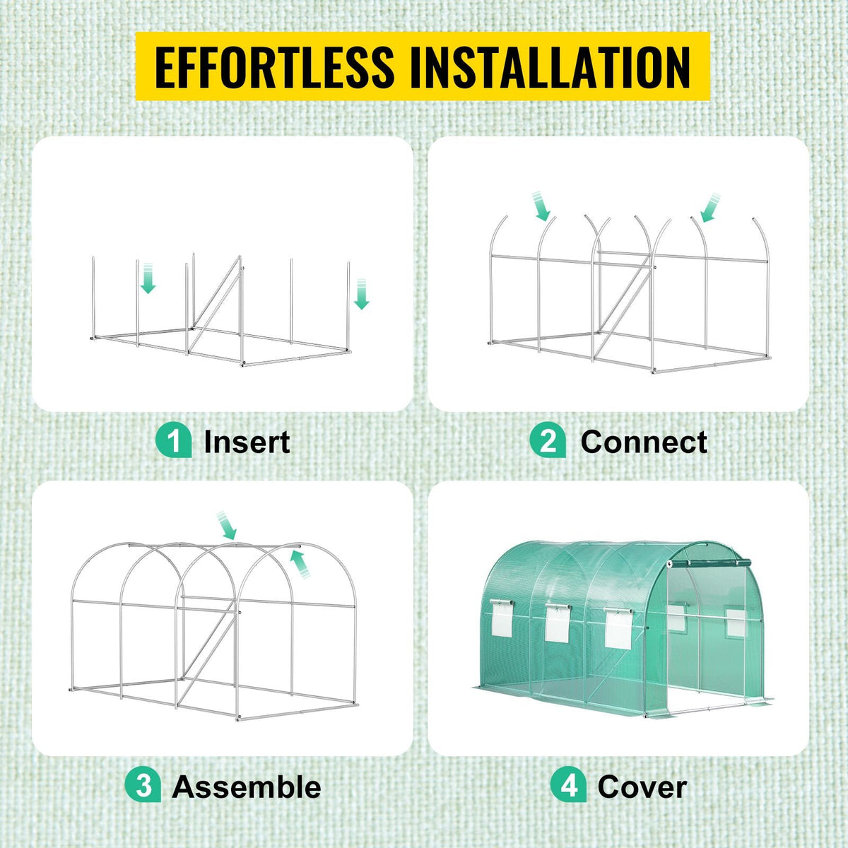 12 x 7 x 7 ft Walk-in Tunnel Greenhouse, Portable Plant Hot House with Galvanized Steel Hoops, 1 Top Beams, 2 Diagonal Poles, 1 Zippered Door & 6 Roll-up Windows, Green