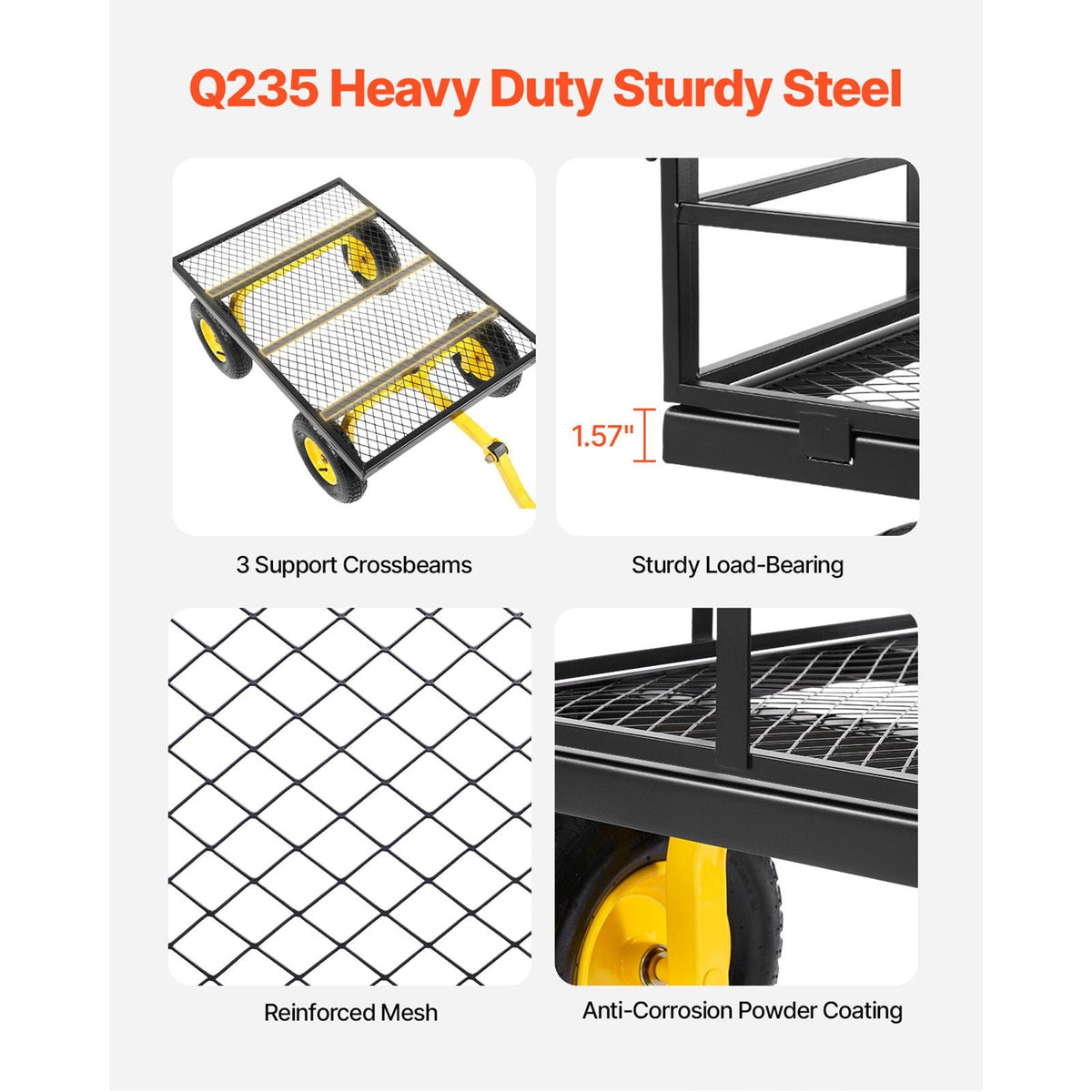 1200 Lbs Steel Garden Cart, Heavy Duty Pullable Garden Wagon Yard Cart, 2 in 1 Outdoor Metal Utility Wagon Yard Trailer with 13" All Terrain Tires, Mesh Removable Sides and 180°Rotating Handle