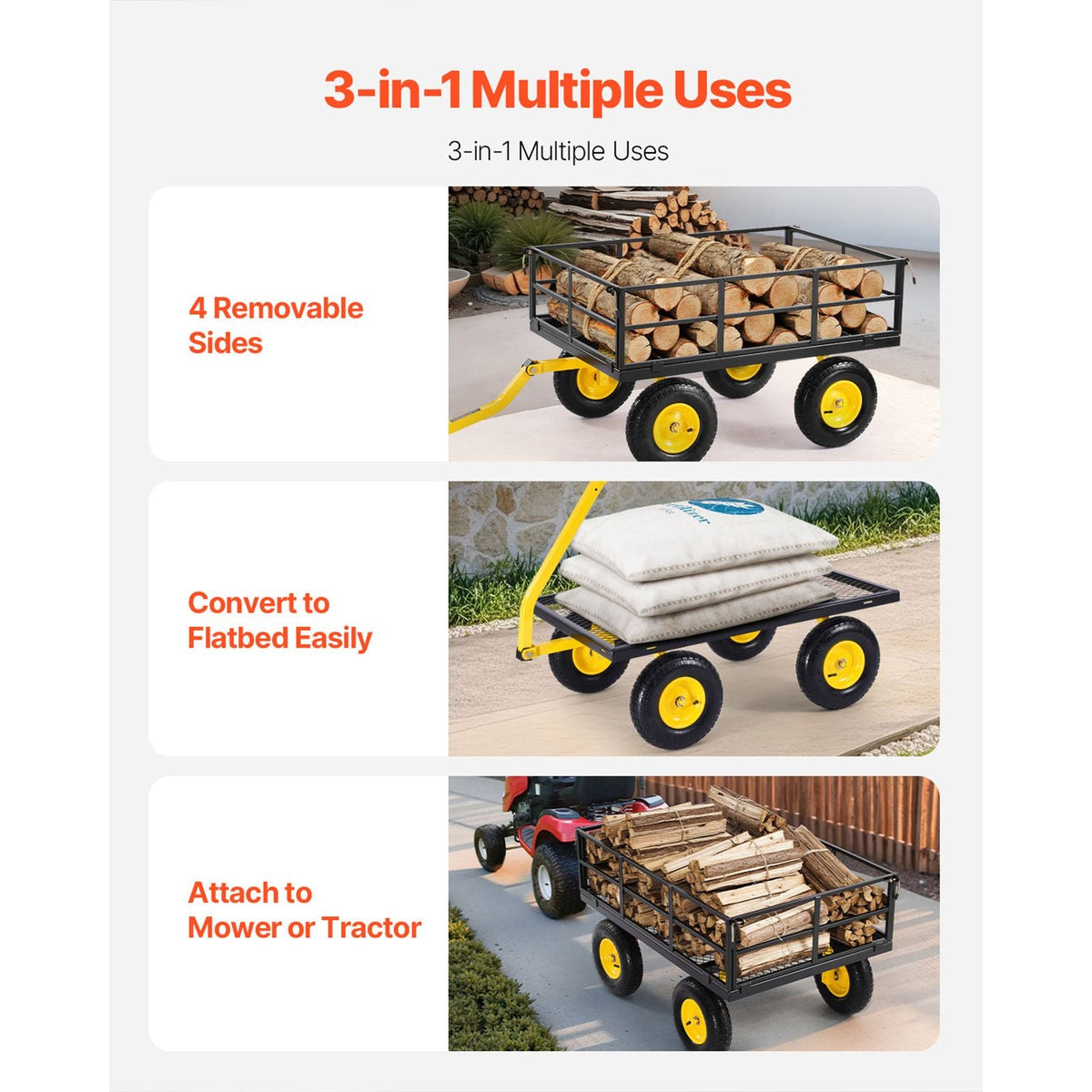 1200 Lbs Steel Garden Cart, Heavy Duty Pullable Garden Wagon Yard Cart, 2 in 1 Outdoor Metal Utility Wagon Yard Trailer with 13" All Terrain Tires, Mesh Removable Sides and 180°Rotating Handle