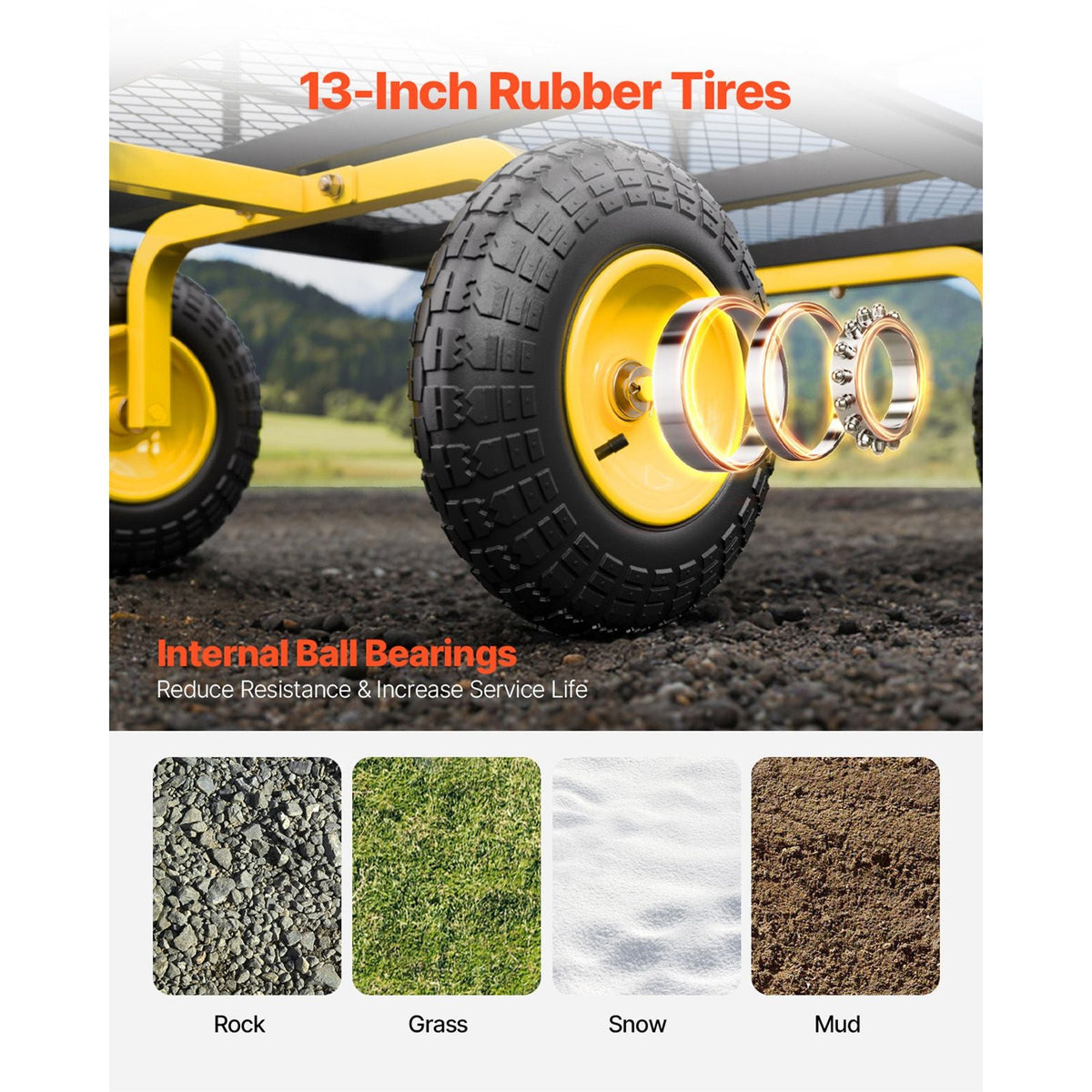 1200 Lbs Steel Garden Cart, Heavy Duty Pullable Garden Wagon Yard Cart, 2 in 1 Outdoor Metal Utility Wagon Yard Trailer with 13" All Terrain Tires, Mesh Removable Sides and 180°Rotating Handle