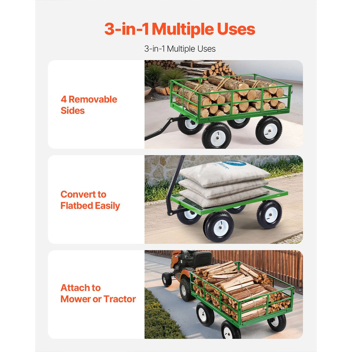 1200 Lbs Steel Garden Cart, Heavy Duty Pullable Garden Wagon Yard Cart, 2 in 1 Outdoor Metal Utility Wagon Yard Trailer with 13" All Terrain Tires, Mesh Removable Sides and 180°Rotating Handle