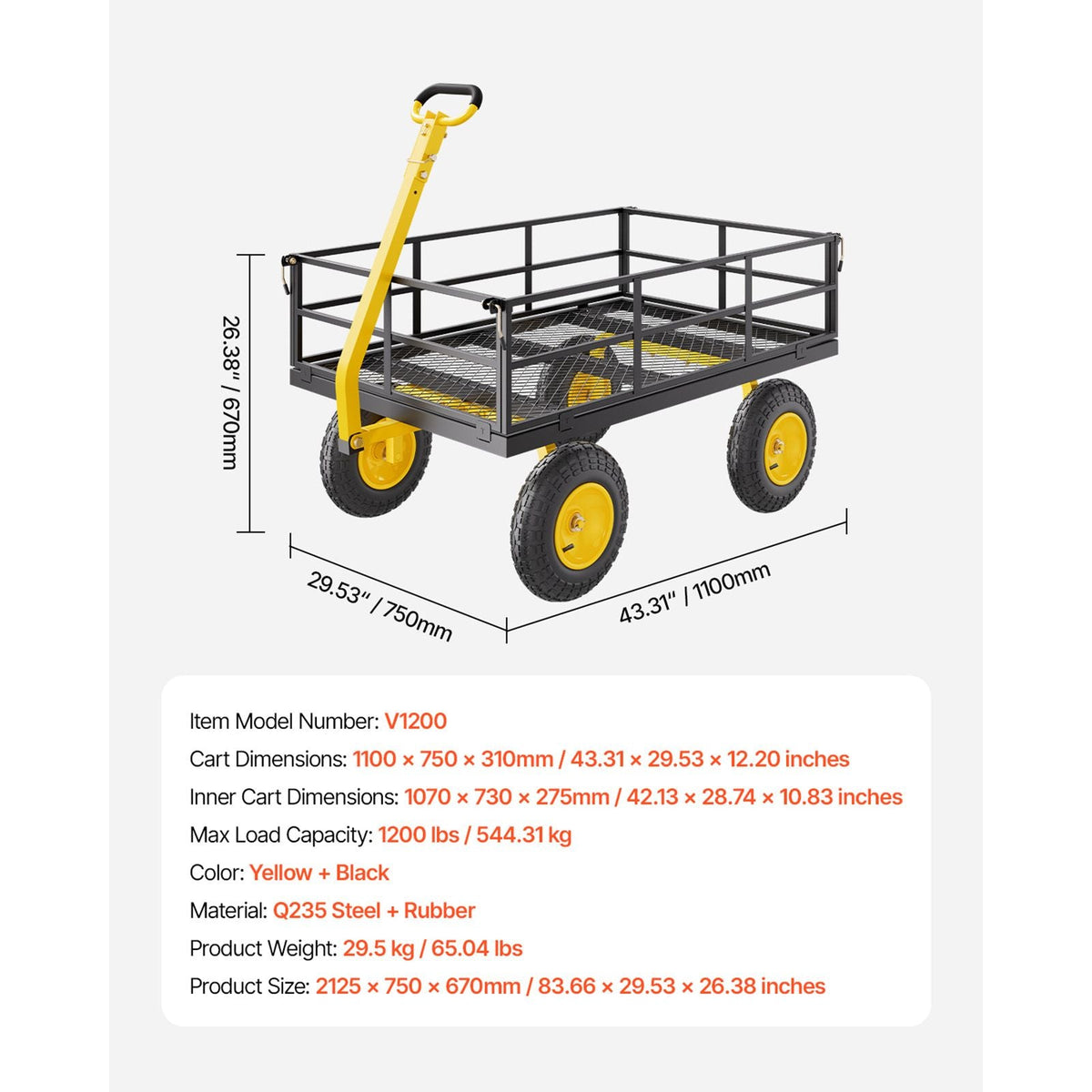 1200 Lbs Steel Garden Cart, Heavy Duty Pullable Garden Wagon Yard Cart, 2 in 1 Outdoor Metal Utility Wagon Yard Trailer with 13" All Terrain Tires, Mesh Removable Sides and 180°Rotating Handle