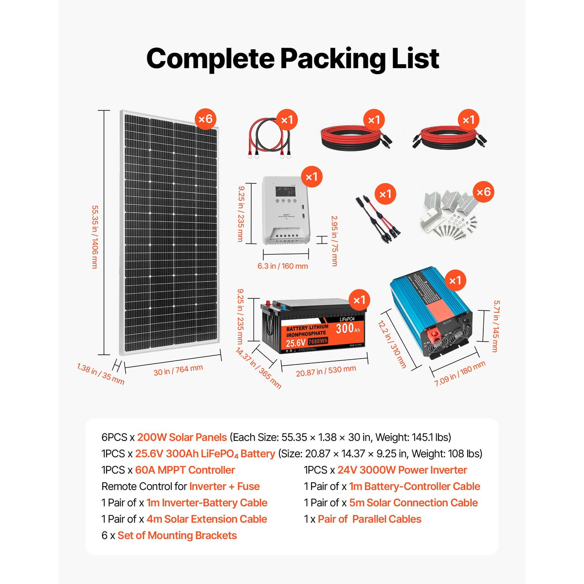 1200W 24V Complete Solar Power Kit, 6*200W Monocrystalline Panels + 25.6V 300Ah LiFePO4 Battery + 60A MPPT Charge Controller + 3KW Power Inverter, High Output Solar Kit for Large House Shed Farm