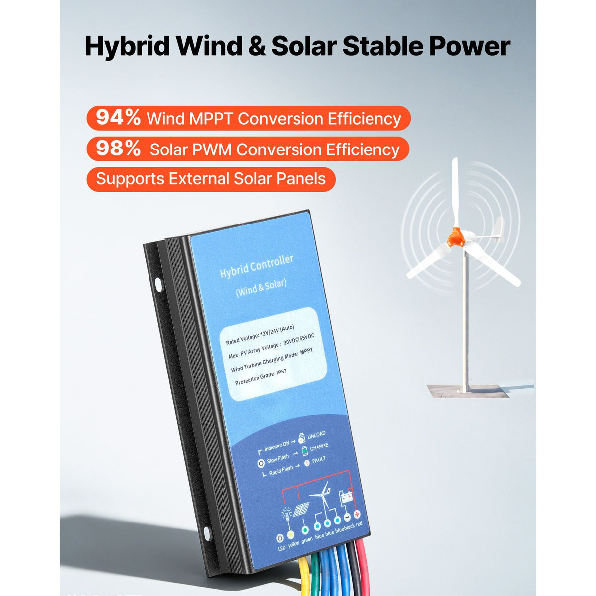 1200W 24V Wind Turbine Generator, 3-Blade Wind Turbine Kit with Wind/Solar Hybrid Controller, Efficient 3-Phase AC Permanent Wind Power Generator for RV Boat Home Farm (Tower Pole Not Included)