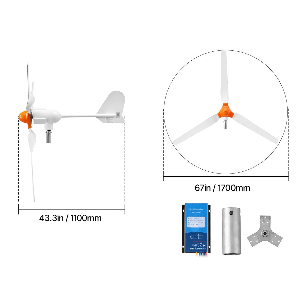 1200W 24V Wind Turbine Generator, 3-Blade Wind Turbine Kit with Wind/Solar Hybrid Controller, Efficient 3-Phase AC Permanent Wind Power Generator for RV Boat Home Farm (Tower Pole Not Included)