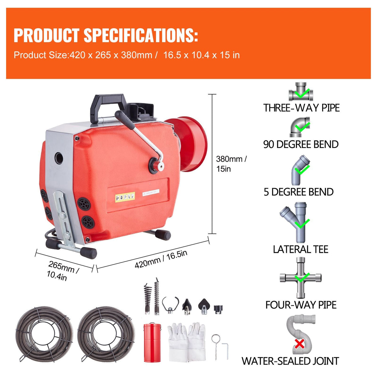 120FT x 7/8 Inch Drain Cleaner Machine, 420W Electric Sewer Snake Auger Manual Feed - with 6 Cutters, 2 Steel Cables (120' x 7/8" and 18' x 3/8") & CW/CCW Control for 1.9" to 6" Pipes