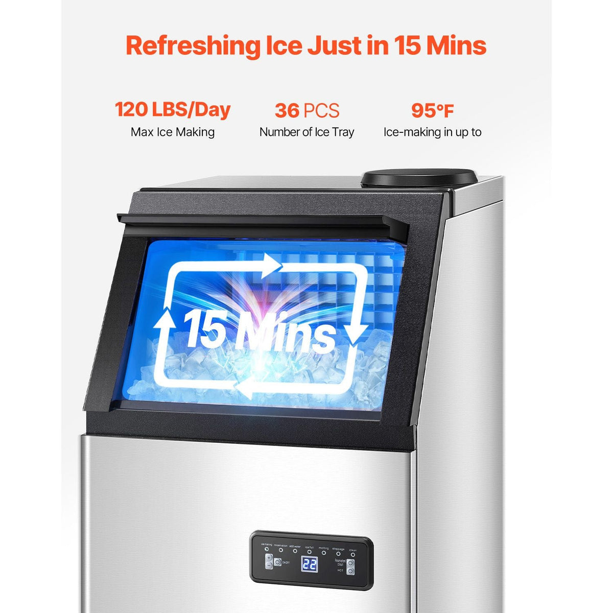 120lbs/24H Commercial Ice Maker, 36 Ice Cubes in 15 Minutes, Freestanding Ice Maker Machine with 28lbs Large Storage Capacity for Bar Office Restaurant, with LED Digital Display & Self-Cleaning