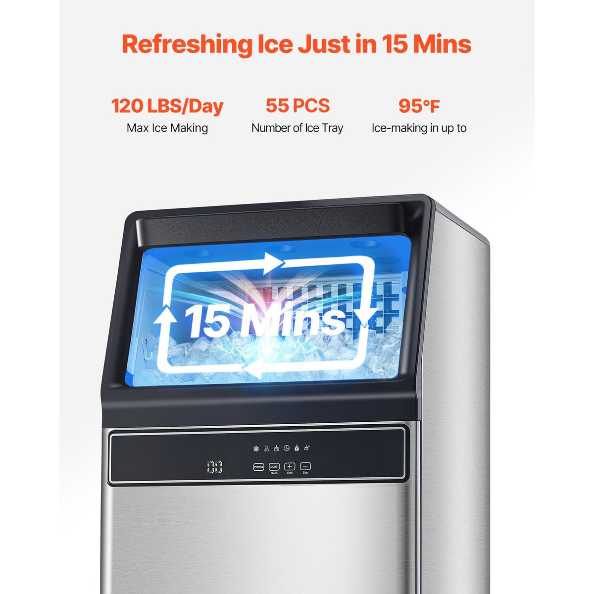 120lbs/24H Commercial Ice Maker Machine, 33lbs Storage Capacity Ice Maker with Drain Pump, 55 Ice Cubes in 15 Minutes, LED Digital Display Freestanding Self-Cleaning for Bar Office Restaurant