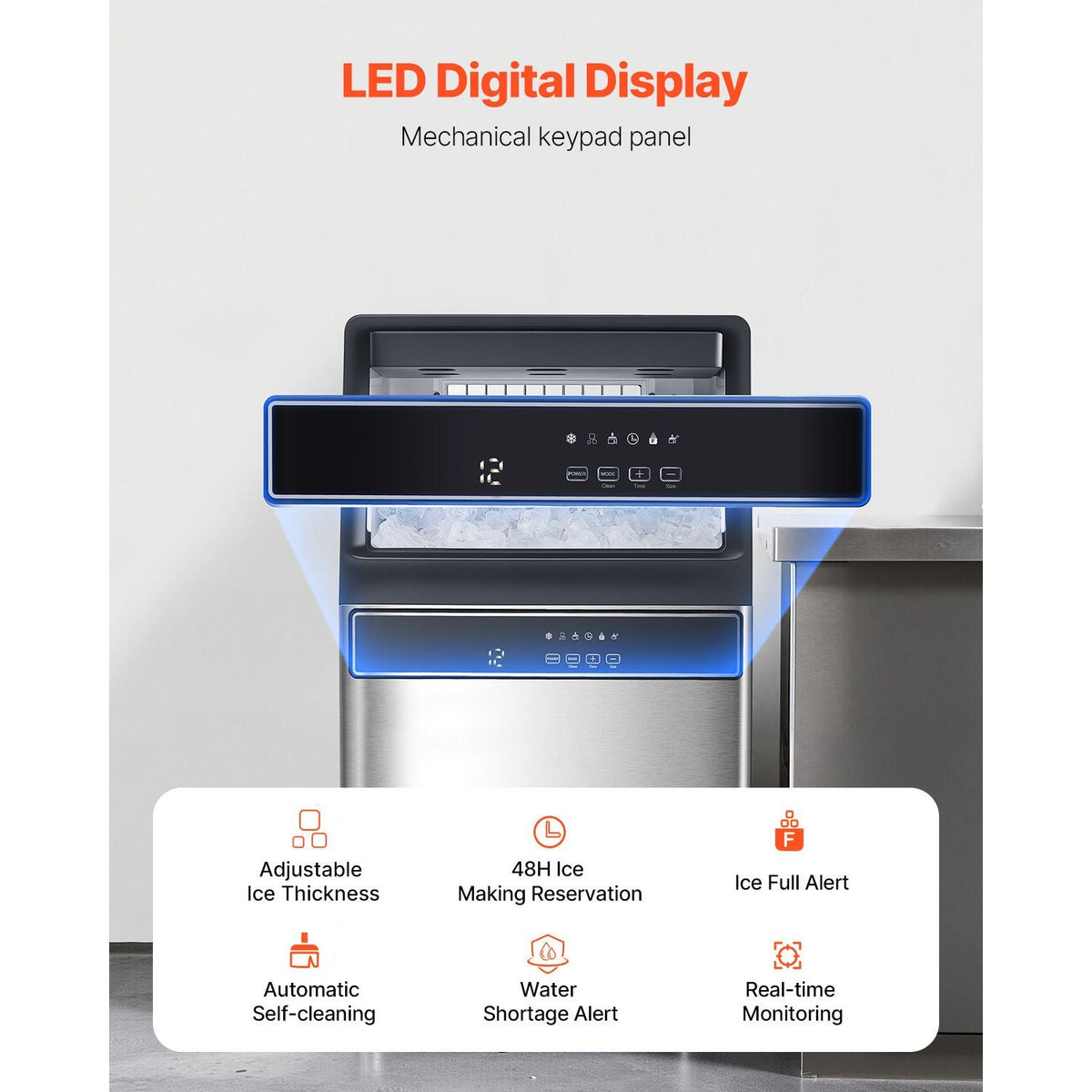 120lbs/24H Commercial Ice Maker Machine, 33lbs Storage Capacity Ice Maker with Drain Pump, 55 Ice Cubes in 15 Minutes, LED Digital Display Freestanding Self-Cleaning for Bar Office Restaurant