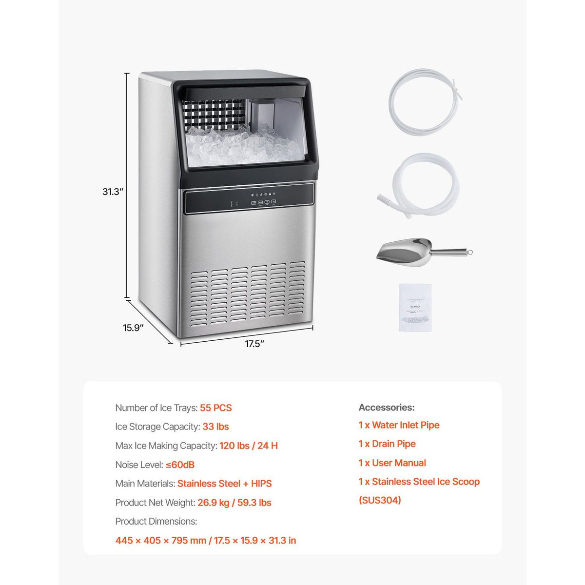 120lbs/24H Commercial Ice Maker Machine, 33lbs Storage Capacity Ice Maker with Drain Pump, 55 Ice Cubes in 15 Minutes, LED Digital Display Freestanding Self-Cleaning for Bar Office Restaurant