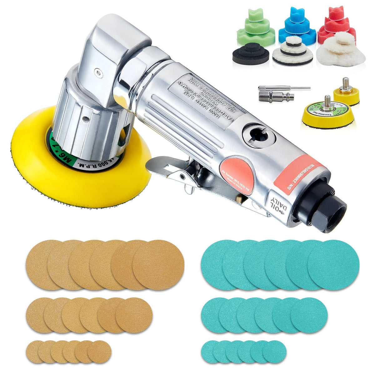 1/2/3 Inch Random Orbital Air Sander, High-Speed 15000RPM Mini Pneumatic Sander for Auto Body Work, 58PCS Air Powered Sander Kit with Sandpapers, Wool Pad, Wavy Sponges