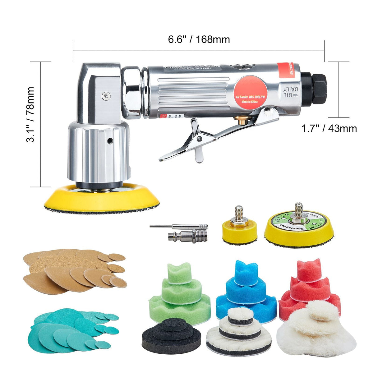 1/2/3 Inch Random Orbital Air Sander, High-Speed 15000RPM Mini Pneumatic Sander for Auto Body Work, 58PCS Air Powered Sander Kit with Sandpapers, Wool Pad, Wavy Sponges