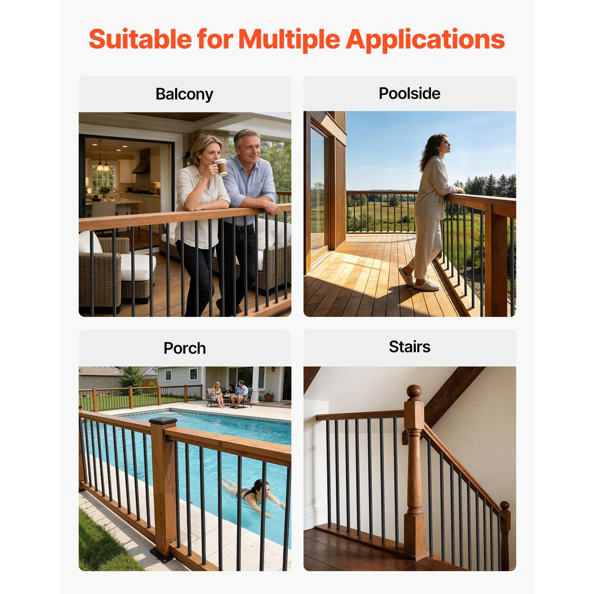 125 Pack Deck Balusters, 26 in Aluminum Railing Spindles, 3/4 in Diameter Hollow Round Metal Decking Stair Balusters with Connectors, Screws, for Deck, Porch & Staircase Railing Fence, Black