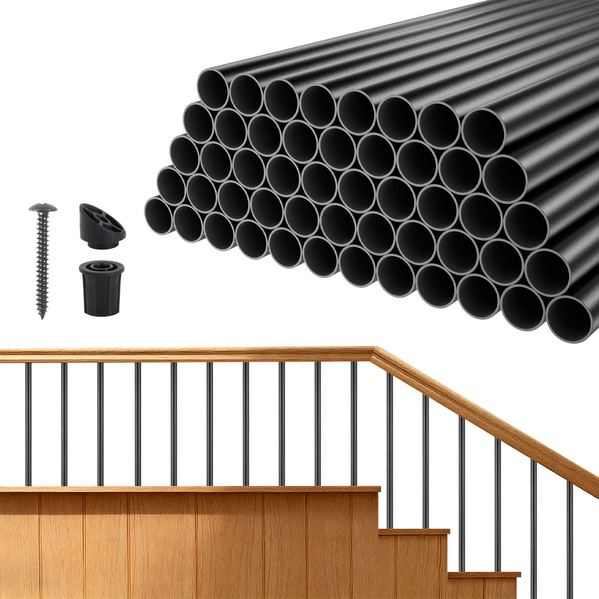 125 Pack Deck Balusters, 26 in Aluminum Railing Spindles, 3/4 in Diameter Hollow Round Metal Decking Stair Balusters with Connectors, Screws, for Deck, Porch & Staircase Railing Fence, Black