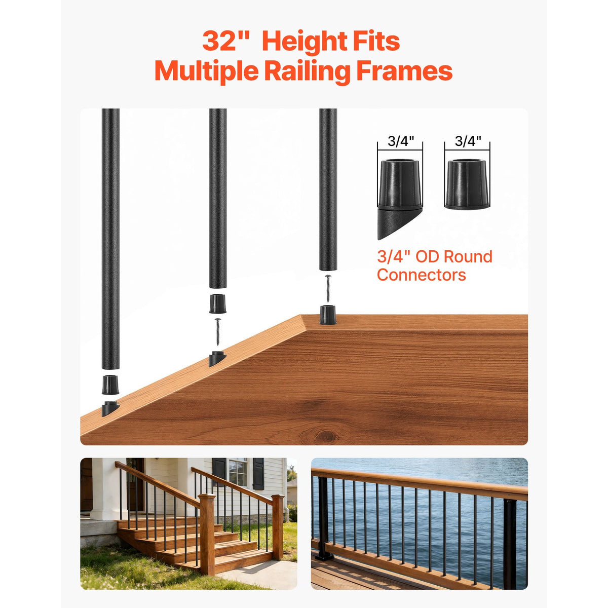 125 Pack Deck Balusters, 32 in Aluminum Railing Spindles, 3/4 in Diameter Hollow Round Metal Decking Stair Balusters with Connectors, Screws, for Deck, Porch & Staircase Railing Fence, Black