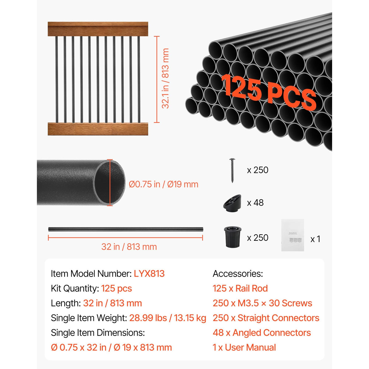 125 Pack Deck Balusters, 32 in Aluminum Railing Spindles, 3/4 in Diameter Hollow Round Metal Decking Stair Balusters with Connectors, Screws, for Deck, Porch & Staircase Railing Fence, Black