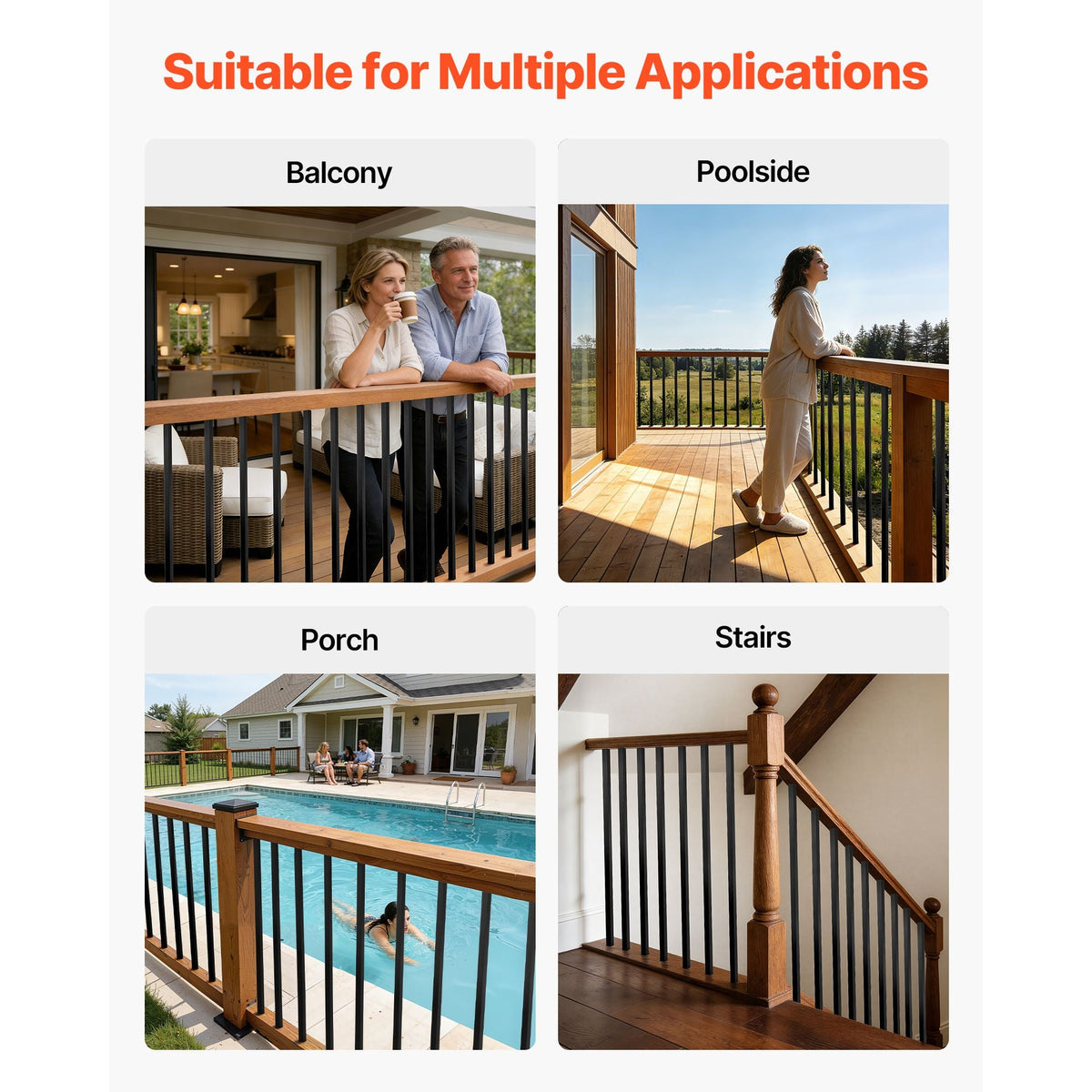 125 Pack Deck Balusters, 3/4 in Square x 26 in Long Aluminum Railing Spindles, Hollow Metal Decking Stair Balusters with Connectors, Screws, for Deck, Porch & Staircase Railing Fence, Black