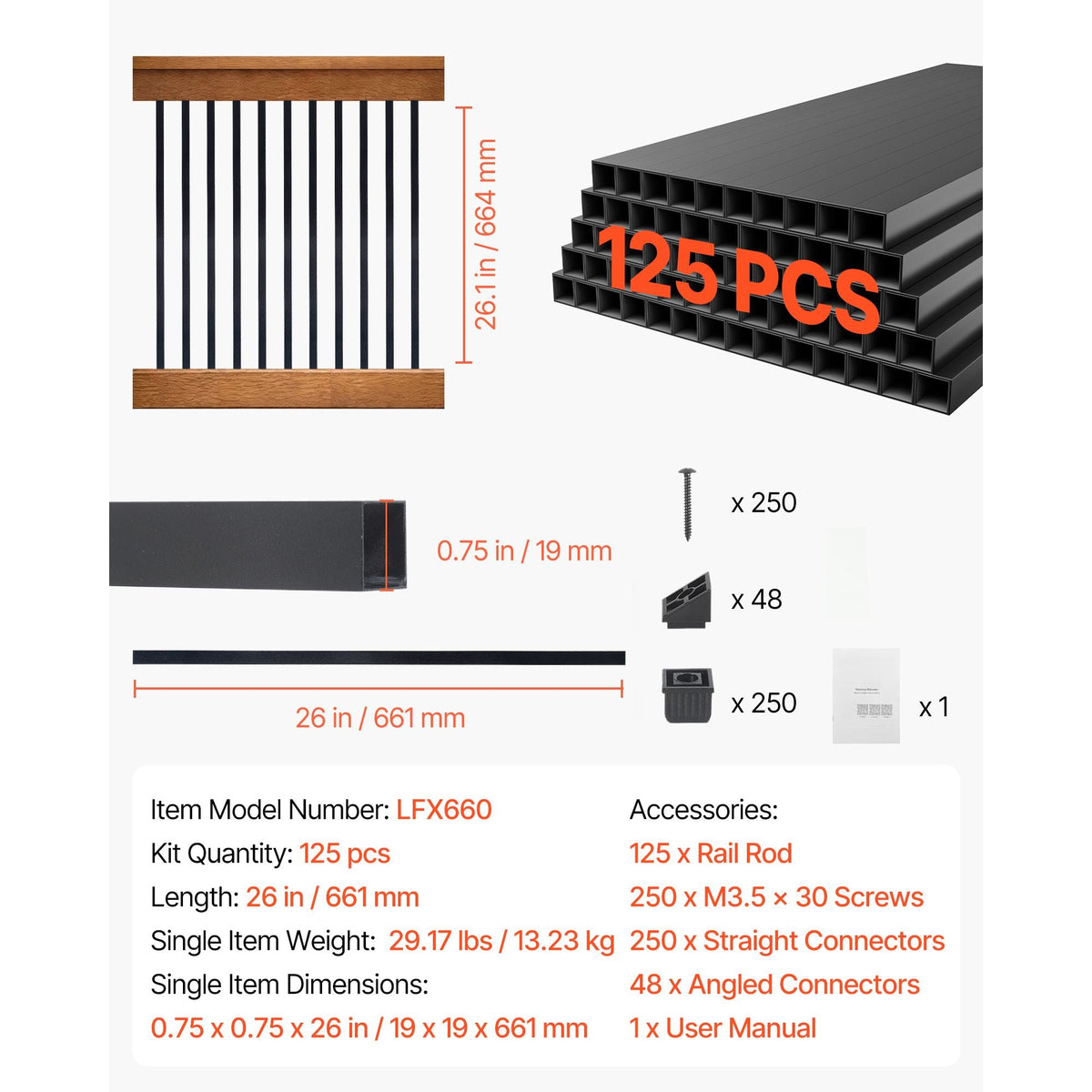 125 Pack Deck Balusters, 3/4 in Square x 26 in Long Aluminum Railing Spindles, Hollow Metal Decking Stair Balusters with Connectors, Screws, for Deck, Porch & Staircase Railing Fence, Black