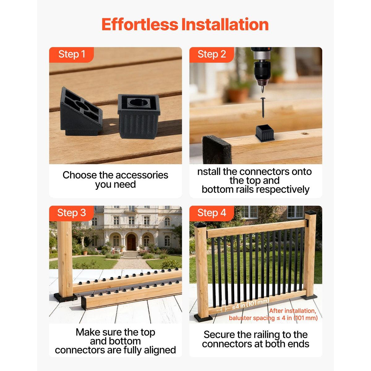 125 Pack Deck Balusters, 3/4 in Square x 26 in Long Aluminum Railing Spindles, Hollow Metal Decking Stair Balusters with Connectors, Screws, for Deck, Porch & Staircase Railing Fence, Black