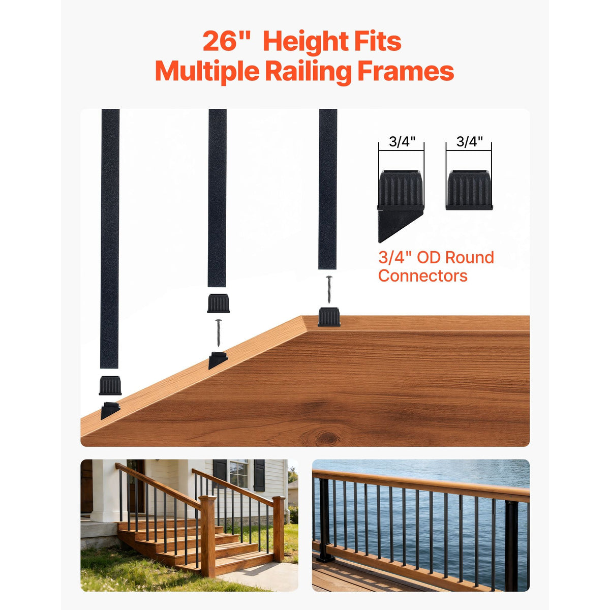 125 Pack Deck Balusters, 3/4 in Square x 26 in Long Aluminum Railing Spindles, Hollow Metal Decking Stair Balusters with Connectors, Screws, for Deck, Porch & Staircase Railing Fence, Black