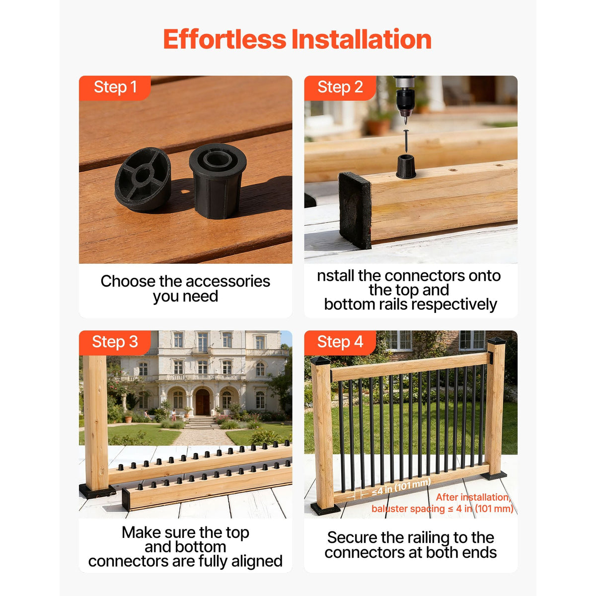 125 Pack Deck Balusters, 36 in Aluminum Railing Spindles, 3/4 in Diameter Hollow Round Metal Decking Stair Balusters with Connectors, Screws, for Deck, Porch & Staircase Railing Fence, Black