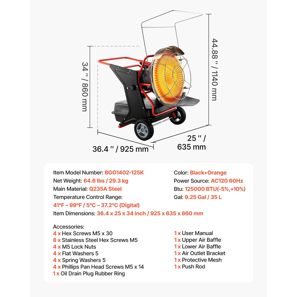 125000 BTU Radiant Kerosene Diesel Heater, Portable Industrial Space Heater with Adjustable Temp & Wheels, Ideal for Jobsite/Garage/Warehouse/Workshop Construction Heating,Black