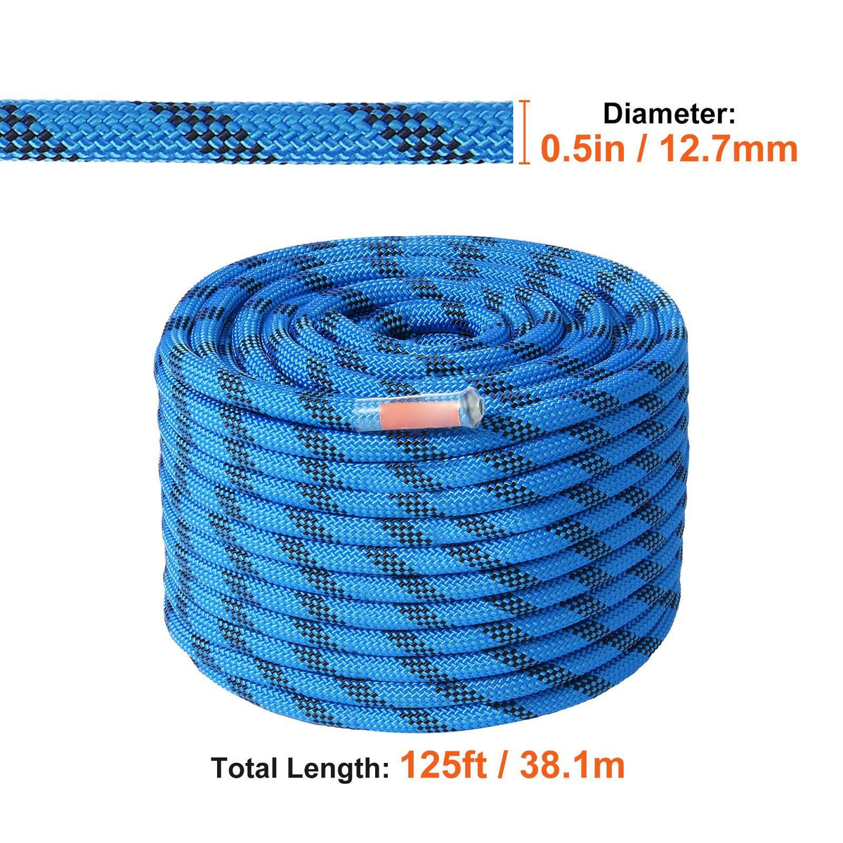 12.7mm Static Climbing Rope, 38M(125ft) Outdoor Rock Climbing Rope 30KN Breaking Tension, Fiber Rope with Steel Snap Hooks for Escape, Rappelling, Fire Rescue, Blue