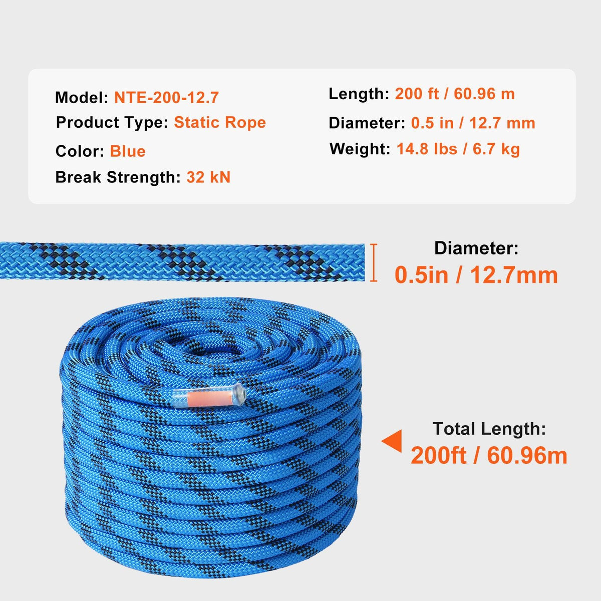 12.7mm Static Climbing Rope, 60.9M(200ft) Outdoor Rock Climbing Rope 30KN Breaking Tension, Fiber Rope for Escape, Rappelling, Fire Rescue, Blue
