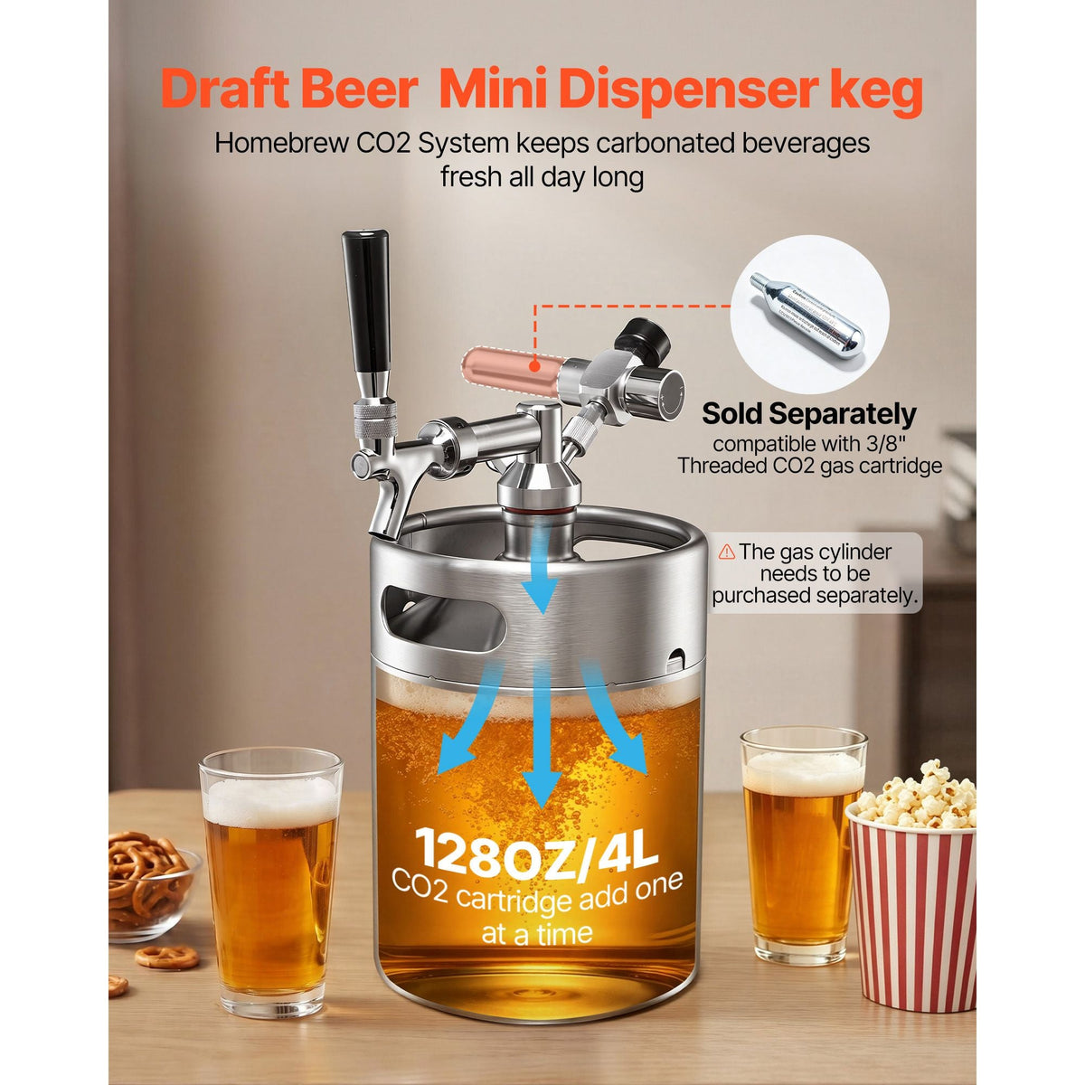 128oz Mini Keg, Pressurized Growler Tap System, 304 Stainless Steel Beer Kit, with Co2 Regulator, Self-Closing Faucet, Keeps Fresh and Carbonation for Homebrew, Craft and Draft Beer