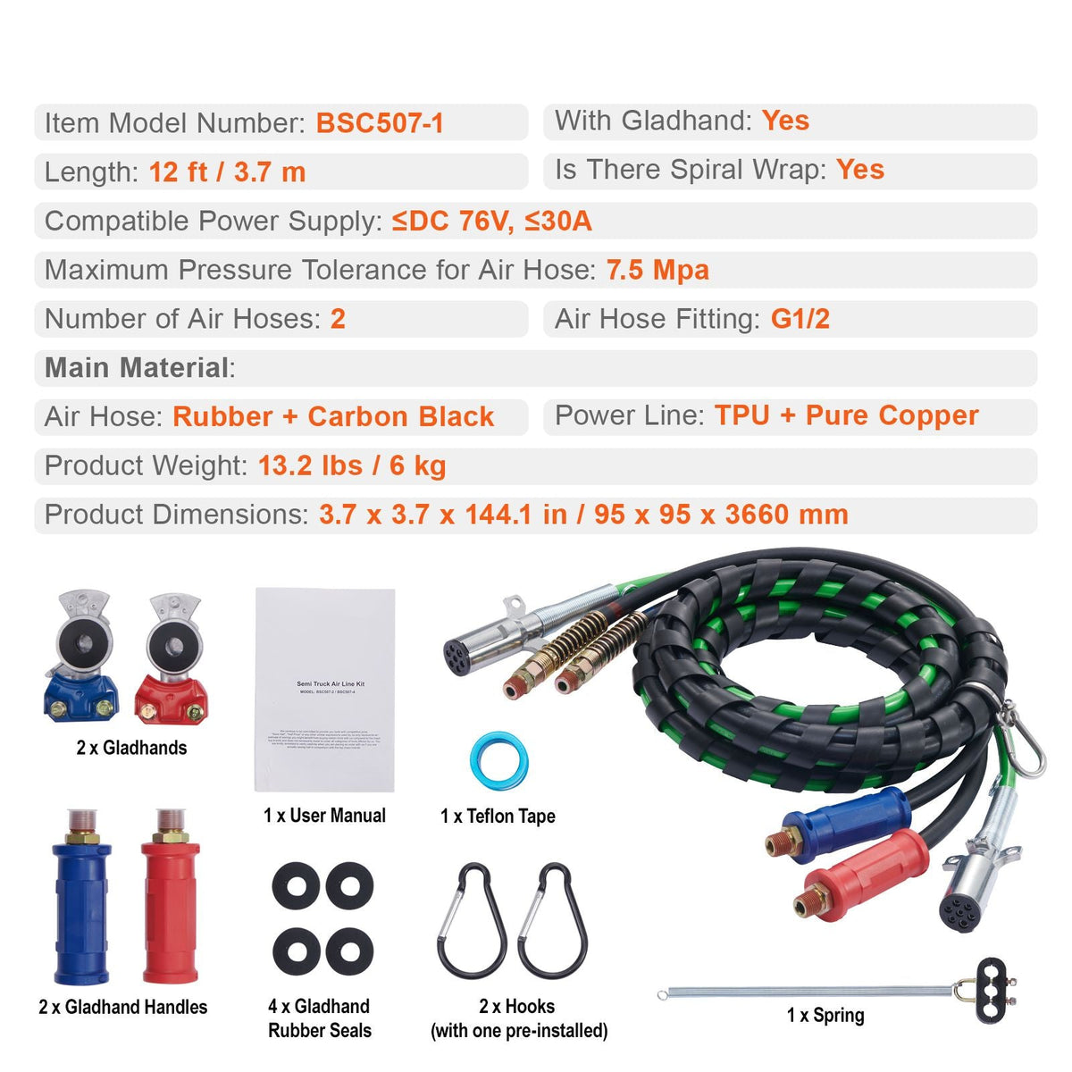 12FT Semi Truck Air Lines Kit with 2PCS Glad Hands, 3-in-1 Air Hoses & 7 Way ABS Electric Power Line, with 2PCS Gladhand Handles, 4PCS Seals and Tender Spring Kit for Semi Truck Trailer Tractor