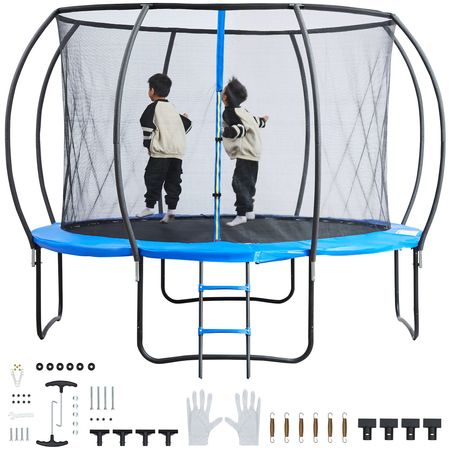 12FT Trampoline, 400 lbs Trampoline with Enclosure Net, Ladder, and Curved Pole, Heavy Duty Trampoline with Jumping Mat and Spring Cover Padding, Outdoor Recreational Trampolines for Kids Adults
