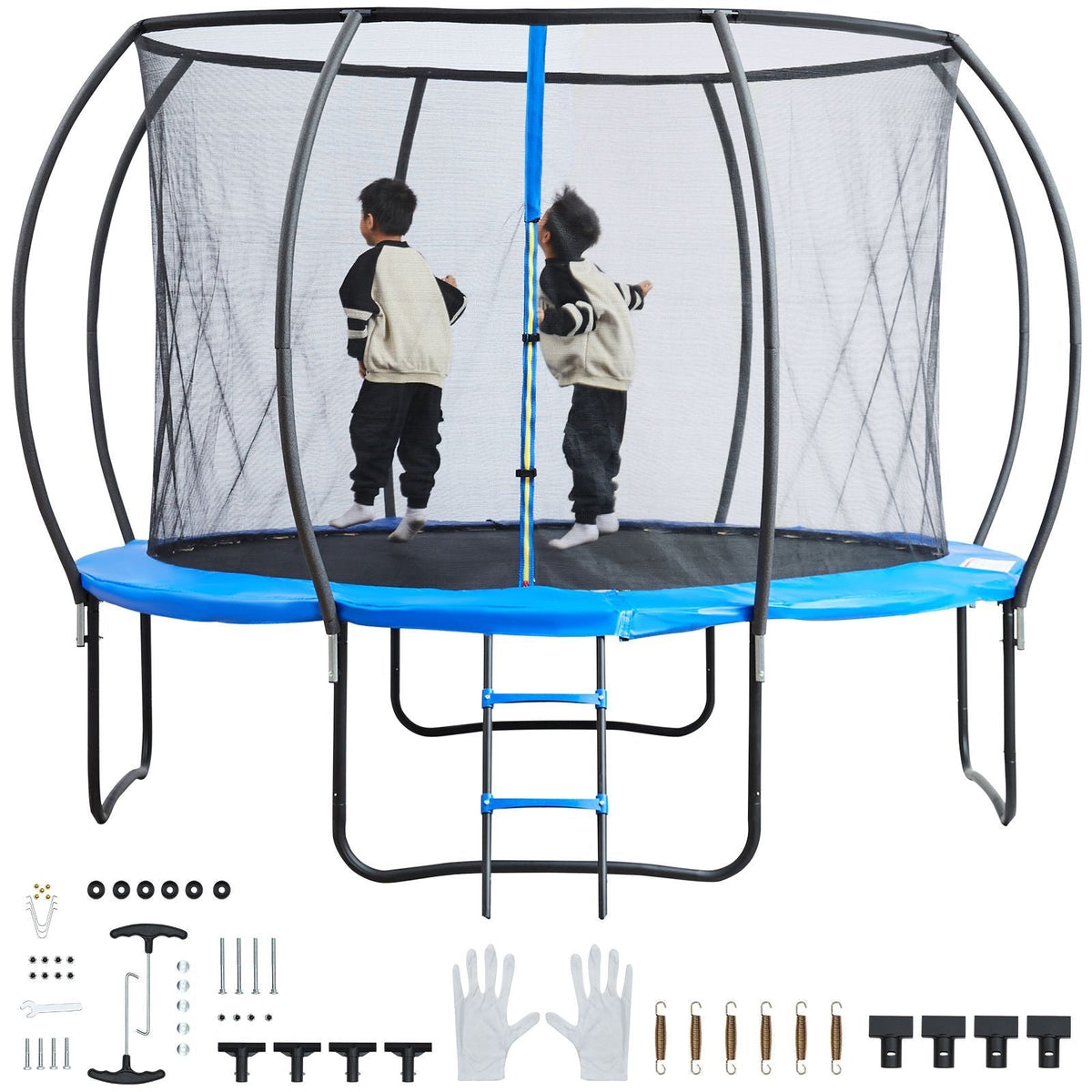 12FT Trampoline, 400 lbs Trampoline with Enclosure Net, Ladder, and Curved Pole, Heavy Duty Trampoline with Jumping Mat and Spring Cover Padding, Outdoor Recreational Trampolines for Kids Adults