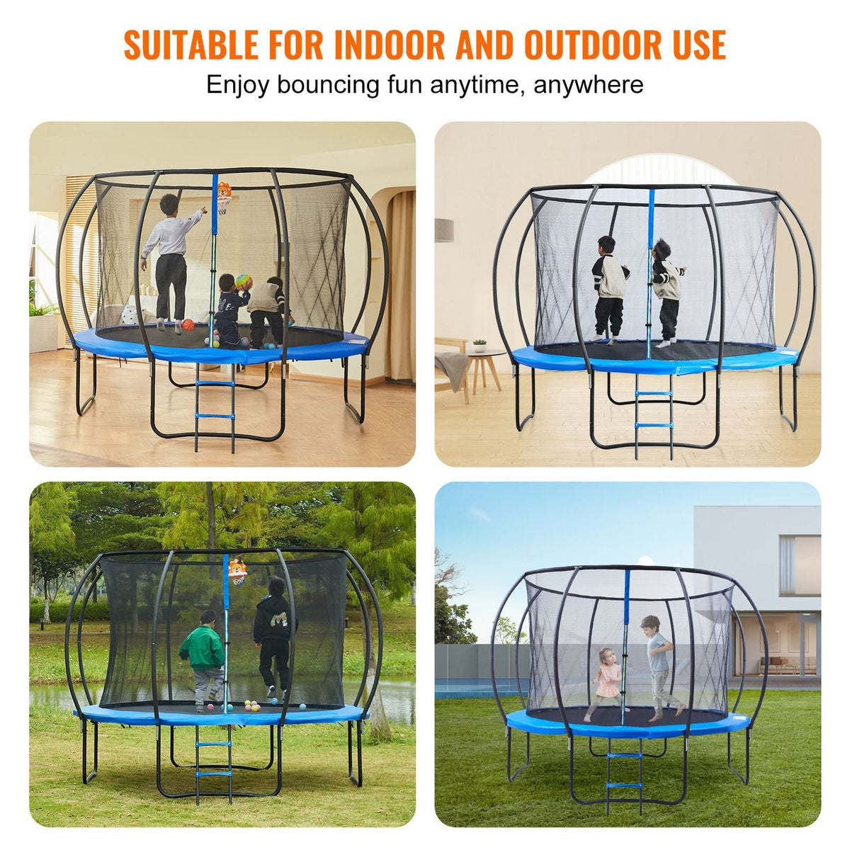 12FT Trampoline, 400 lbs Trampoline with Enclosure Net, Ladder, and Curved Pole, Heavy Duty Trampoline with Jumping Mat and Spring Cover Padding, Outdoor Recreational Trampolines for Kids Adults
