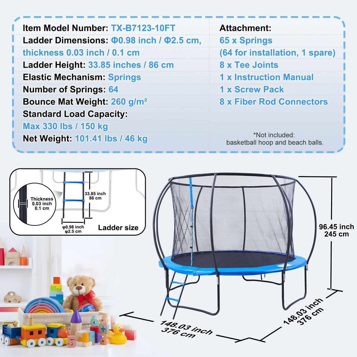 12FT Trampoline, 400 lbs Trampoline with Enclosure Net, Ladder, and Curved Pole, Heavy Duty Trampoline with Jumping Mat and Spring Cover Padding, Outdoor Recreational Trampolines for Kids Adults
