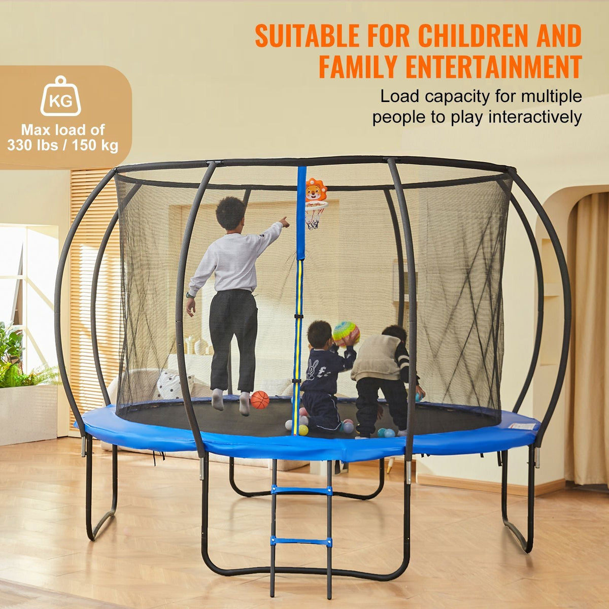 12FT Trampoline, 400 lbs Trampoline with Enclosure Net, Ladder, and Curved Pole, Heavy Duty Trampoline with Jumping Mat and Spring Cover Padding, Outdoor Recreational Trampolines for Kids Adults